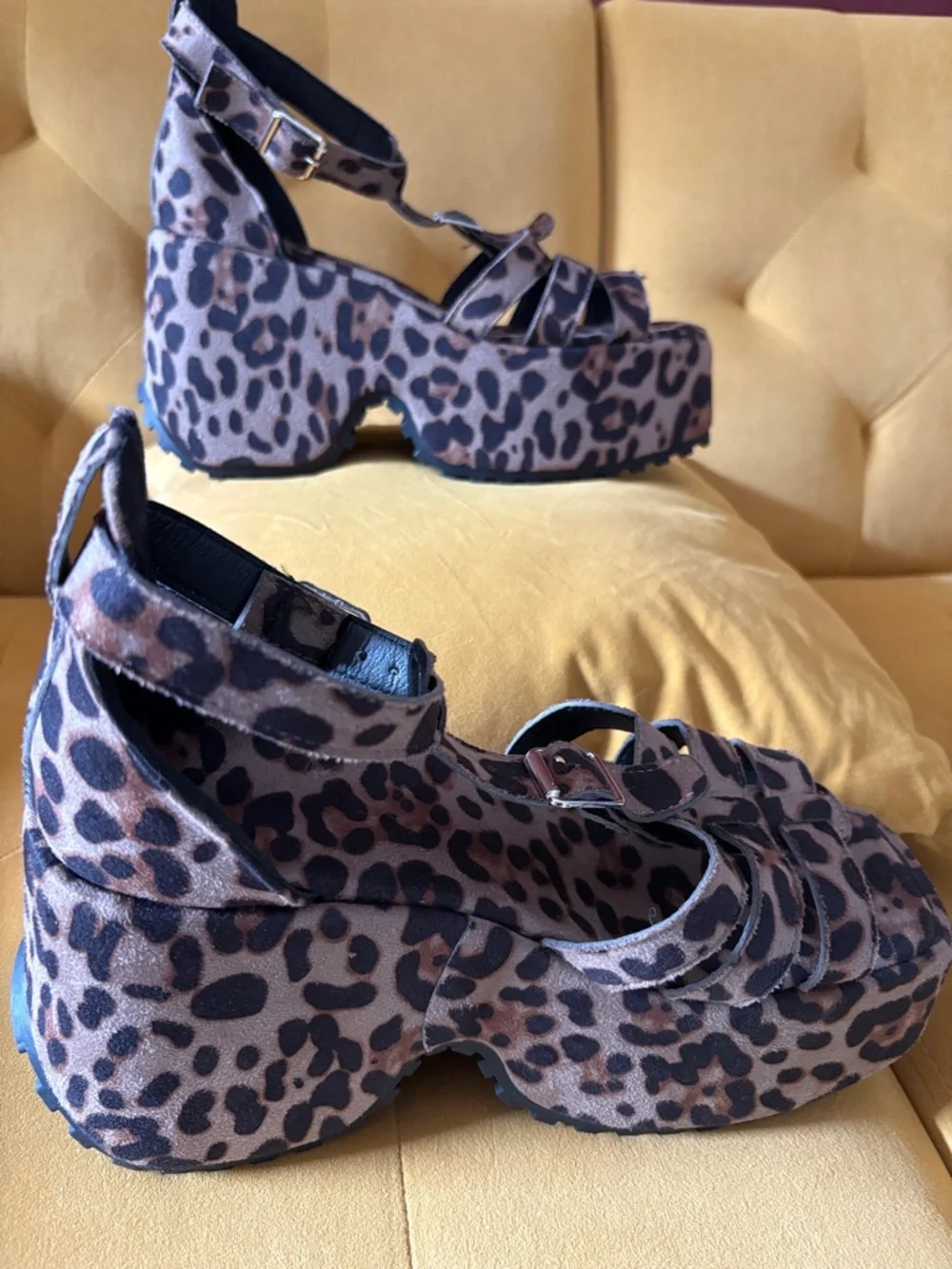 Dolls Kill Leopard Print Platform Sandals - Tan and Black